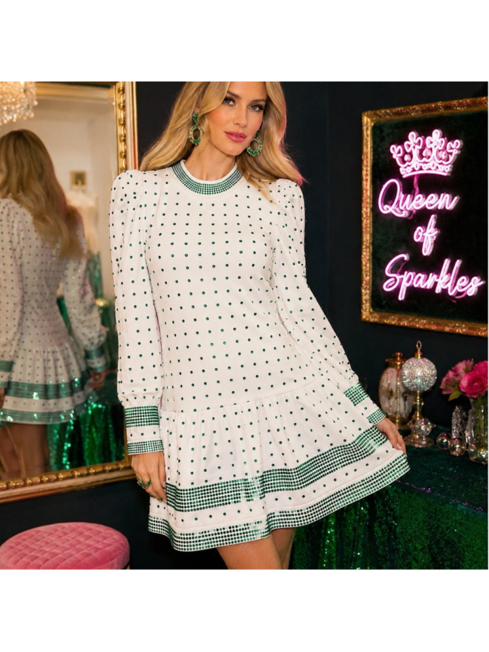 Queen of Sparkles Green Sparkly Sequin Puff Sleeve Heavy Cotton Mini Dress L